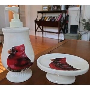 Big Sky Carvers Red Cardinal Bird Soap Dispenser And Dish